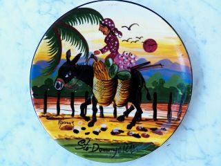 Souvenir Vtg Plate Dominican Republic Hand - Painted 8 " Lady On Donkey Sto Domingo
