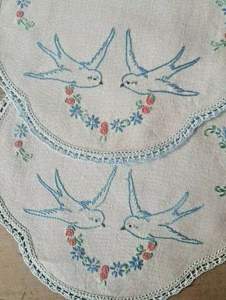 2 Vintage Hand Embroidered Bluebirds W Swags Of Flowers Doilies