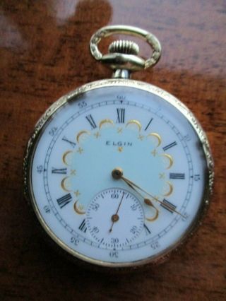Vintage Antique Elgin 12s Pocket Watch Fancy Dial & Gold Gilt Hands Serviced