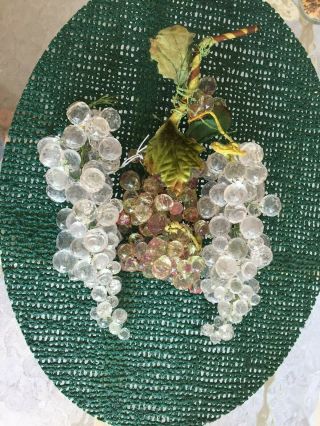 Vintage Mid Century Modern Lucite Acrylic Crystal Grapes Leaves Three Clusters