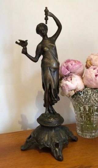Vintage Heavy Bronze? Cast Lady Figure Holding Bird