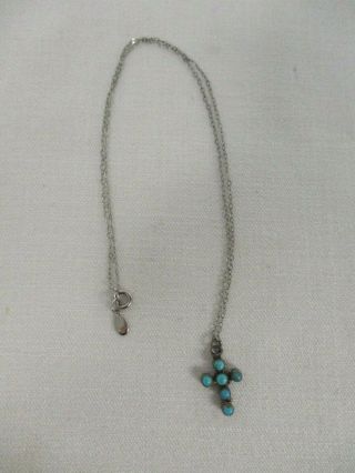 Vintage Sterling Silver Chain Necklace With Turquoise Bead Religious Cross