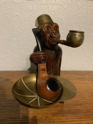 Antique Vintage Carved Wood Figural Smoking Monkey Pipe Stand Holder