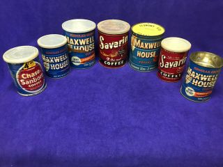 7 Vintage Coffee Cans - Chase & Sanborn,  Maxwell House,  Savarin Coffee 1 & 2 Lb