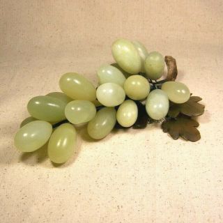 Vintage Glass Grapes Cluster And Leaves Wire Stems Life Size & Jade Green Color