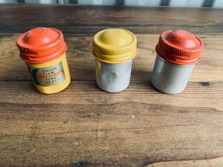 3 Vintage Colorful Film Canisters Screw Lids Kodak Aluminum Red Yellow Type 20