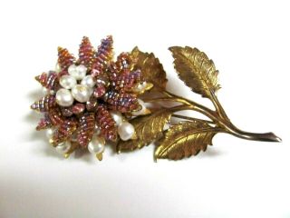 Lovely Vintage Signed Hattie Carnegie Bead & Faux Pearl Flower Brooch Pin