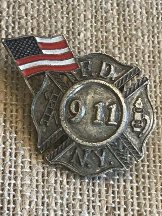 Vintage 9/11 Fdny Pewter Badge With American Flag Lapel Pin