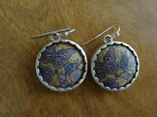 Handcrafted Vintage America Butterfly Floral Tapestry Silver Circle Disc Earring
