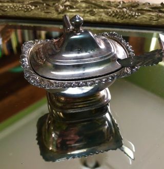 Antique Vintage Ornate Silver Plated Salt Cellar & Spoon Blue Glass Insert