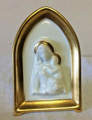Vintage Limoges Porcelain Standing Frame Plaque In 24 Kt Gold Gilt Madonna Child