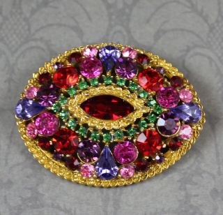 Vintage Designer Art Multi Colored Red,  Pink,  Purple Rhinestone Gold Oval Brooch