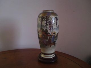Vintage Japanese Satsuma Pottery Vase / Lamp Base Wisteria Landscape & Figures