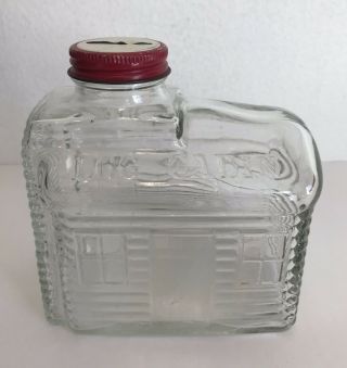 Vintage Glass Log Cabin Maple Syrup Coin Money Bank Lid Bottle Jar