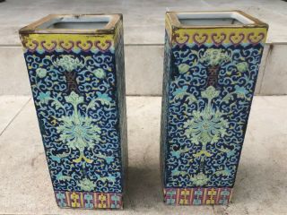 Pair Antique China Qing Dynasty Hand - Painted Enamel Vases–11.  25” / 28.  58 Cm Tall