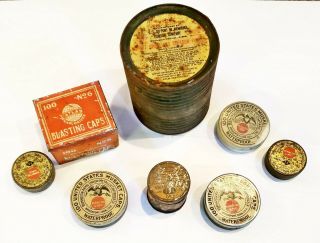 8 Antique Tins Dupont Smokeless Powder,  Primers,  Percussion,  Musket & Blast Caps