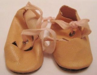 Old Vintage Doll Shoes - Pink Oilcloth W/ Ribbon Straps