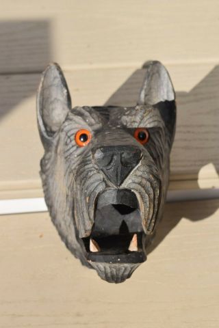 Vintage Black Forest Carved Wood Scottie Dog Spill Holder Glass Eyes.  Good Cond