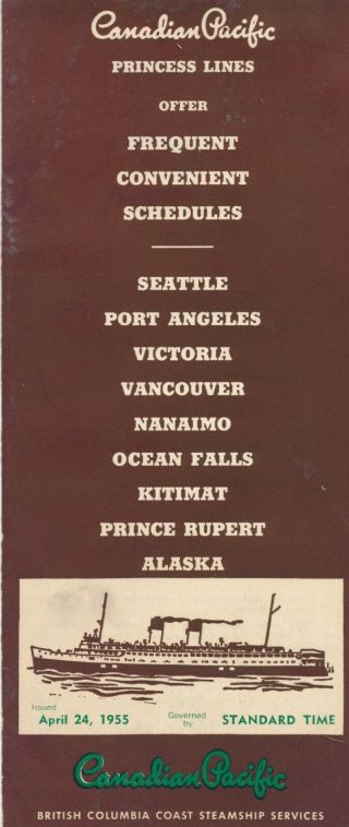 1955 Canadian Pacific April 24,  1955 Princess Lines Schedule,  8 Panel Folder