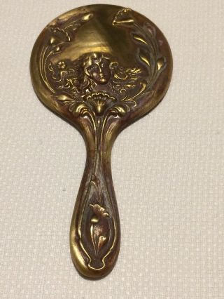 1900s Antique Art Nouveau 4 " Hand Held Small Mirror W/ Lady Face Flowing Hair