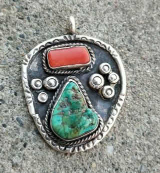 Vintage Native American Silver,  Turquoise & Red Coral Pendant