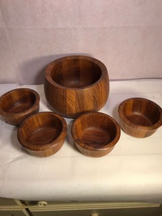 Vintage Dansk 5 Piece Monkey Pod Wood Teak Wooden Salad Bowl Set