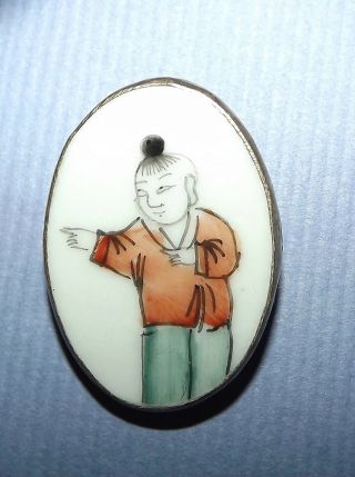 Vintage Ceramic Oriental Person Set In Silver/copper Base Button 5751
