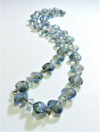Vintage Blue Iridescent Shells Lampwork Art Glass Bead Necklace De1944