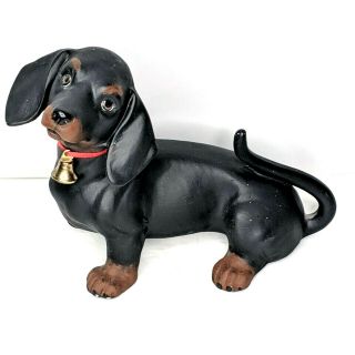 Vintage 8 " Chalkware Dachshund Statue Figurine Black Wiener Dog Puppy Red Collar