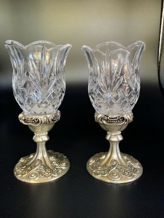 2 Vintage Godinger Silver Plated Pedestal Decorative Candle Crystal Glass Votive
