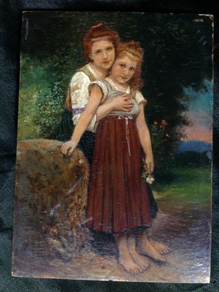 Gorgeous C1890 Antique Victorian Oil Portrait Miniature Girl Sisters Landscape