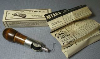 Vintage Myers Lock Stitch Sewing Awl W/ Box,  Needles,  Waxed Thread,  Instructions
