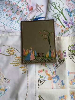 4 Vintage Embroidered Crinoline Lady Tablecloth Tray Cloth,  Painted Mirror