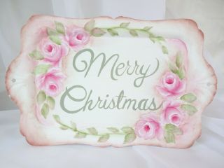 Bydas Merry Christmas Pink Rose Tray Plaque Hp Hand Painted Chic Shabby Vintage