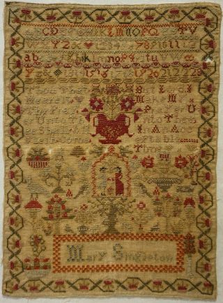 Mid 19th Century Figures,  Motif & Quotation Sampler By Mary Singleton - C.  1830