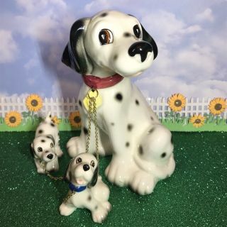 Vtg Lipper & Mann Dalmatian Lrg Mama Dog And Pup Family On Chain Figurines Japan