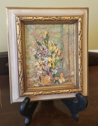 Small Vintage Floral Flowers Arrangement Still Oil Painting Wood Frame 5x7 Vtg