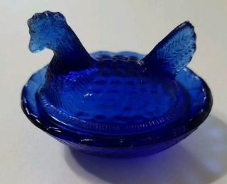 Miniature Glass Cobalt Blue Hen On A Nest Salt Dip Cellar Vintage