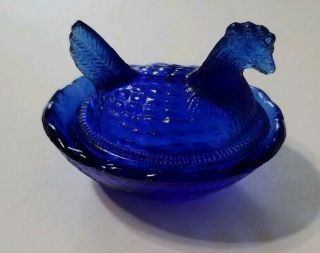 Miniature Glass Cobalt Blue Hen On A Nest Salt Dip Cellar Vintage 2