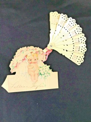 Small Germany Celluloid Doll Fan W Kewpie Place Card - French Fashion Sz Antique