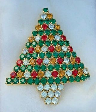 Vintage Lord & Taylor Christmas Tree Pin Multicolored Rhinestone Crystals Box
