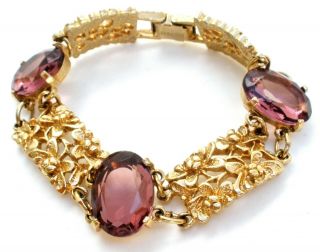 Sarah Coventry Purple Rhinestone Bracelet Gold Tone Amethyst Vintage Jewelry