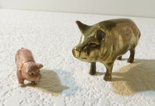 Vintage 4 " Long Solid Brass Hog Pig Figurine Plus Smaller Metal Hide Away Pig