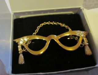 Vintage Avon Cat Eye Glasses Pin Brooch W/ Rhinestone & Dangle Chain - Nib