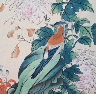 Antique Chinese Painting Scroll On Silk - Two Birds And Flowers Qing 2