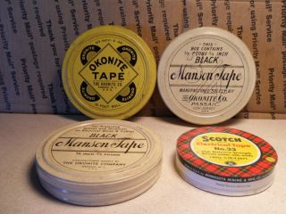 3 Antique Vintage Tin Okonite Manson Black Tape Tin Trinket Stash & 1 Scotch 33