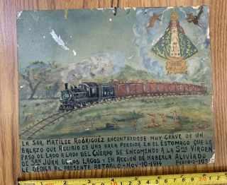 Antique Mexican Retablo Ex Voto Oil On Tin Mexico Folk Art Train Robbery