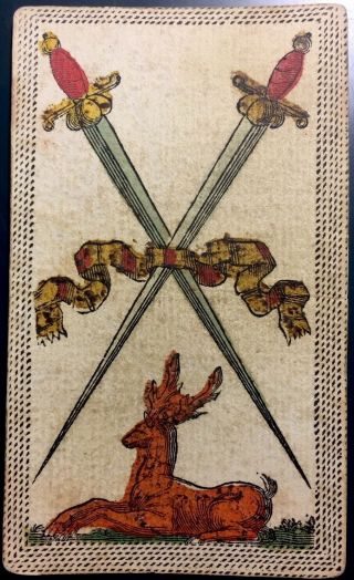 Two Of Swords Minor Arcana C1820 Antique Tarot Playing Cards Painted Single,