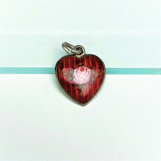 Vintage Sterling Silver & Red Guilloche Enamel Heart Charm With Pink Rose