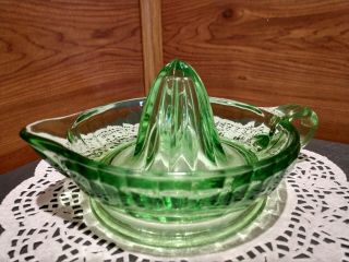 Vintage Green Vaseline Glass 6 " Juicer With Finger Loop Handle & Pour Spout